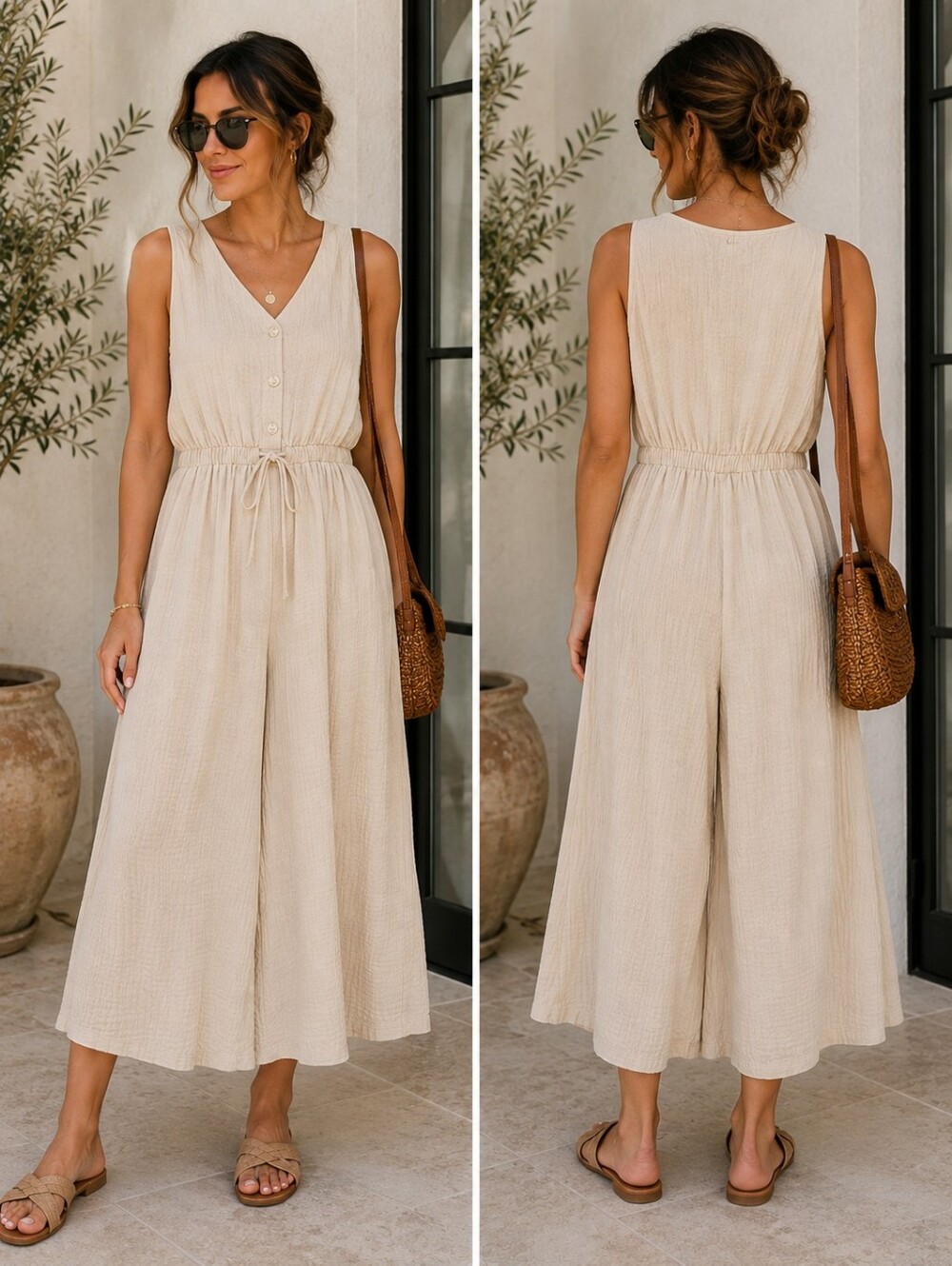 Andree by Unit Gauze Jumpsuit Sz L Cream Cotton Wide Leg Sleeveless Boho Coastal